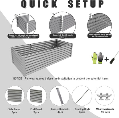 1 Pack 8x3x2FT Galvanized Raised Garden Bed Kit Retangular Metal Ground Planter Box Outdoor Bottomless Planter Raised Beds for Vegetables Flowers Herbs Fruits, Gray