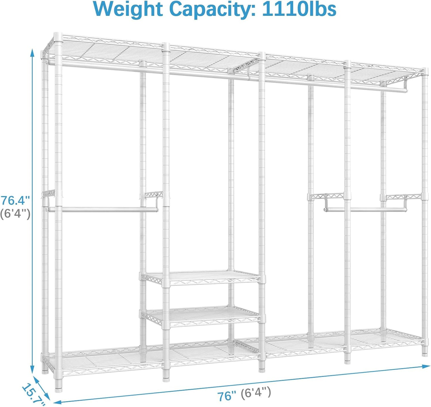 VIPEK V40 Wire Garment Rack Heavy Duty Clothes Racks for Hanging Clothes, Multi-Functional Bedroom Clothing Racks Freestanding Closet Wardrobe Rack, 76" L x 15.7" W x 76.4" H, Max Load 1110lbs, White