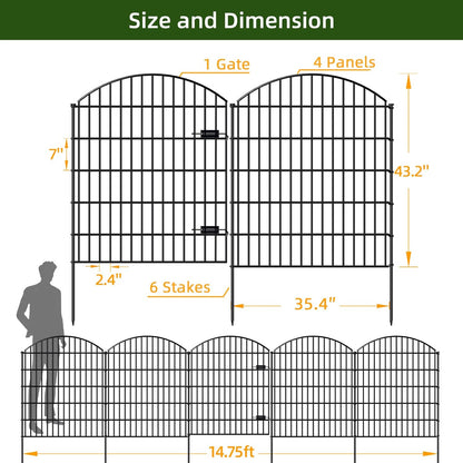 Metal Garden Gate and Fences Outdoor ECG1191, 1 Gate + 4 Fence Panels,43.2in Tall and Total Length 14.75ft, Heavy Duty Fencing for The Yard Privacy Temporary Animal Barrier for Dog, Black