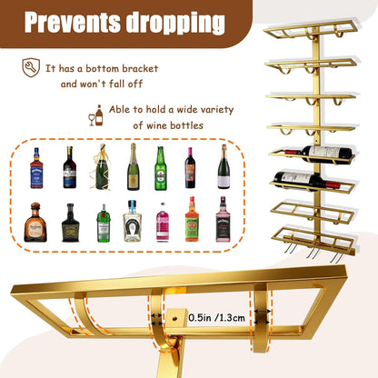 16 Bottle Wall Mount Wine Rack with Wine Glass Holder, Metal Wine Wall Rack, Wall Racks for Wine Bottles Display and Storage, Hanging Bottle Organizer for Living Dining Room Wine Cellar Bar (Gold)
