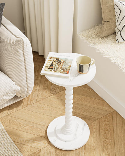 Masupu Round Side Table, Small Drink Table for Small Spaces, Pedestal End Table with Solid Wood Leg for Living Room, Bedroom, Corners(Marble White)