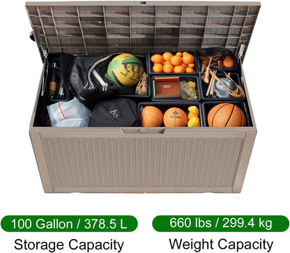 100 Gallon Resin Deck Box, Lockable Patio Outdoor Storage Box for Furniture, Garden Tools and Tools Storage, Waterproof Outside Storage Box - Grey
