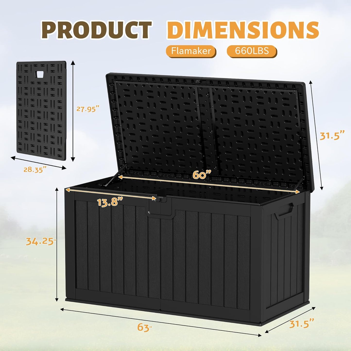 Flamaker Resin Deck Box 250 Gallon, Waterproof Imitation-Wood Lockable Storage Box with Separator Plate Outdoor Indoor, Garden, Patio Furniture for Tools&Pool Accessories (Black)