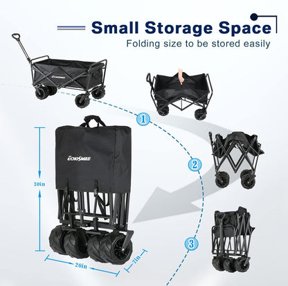 EchoSmile Heavy Duty 350 Lbs Capacity Collapsible Wagon, Outdoor Folding Camping Wagons, Grocery Portable Utility Cart, Adjustable Rolling Carts, All Terrain Sports Wagon with Big Wheels by Boahaus