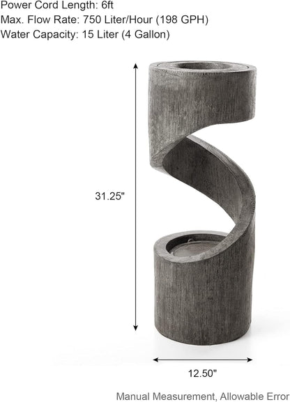 Glitzhome Tiered Outdoor Water Fountain with LED Light, Curved Outdoor Fountain Waterfall with Stone Planter, Freestanding Spiral Outdoor Garden Water Fountains, 31.3”H