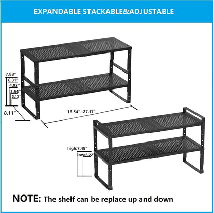 Expandable,Adjustable & Stackable Spice Rack, Cabinet Kitchen Countertop Shelf Organizer,Metal Pantry Storage Shelves - Space-Saving Storage Solution(2Packs/Black/Medium)