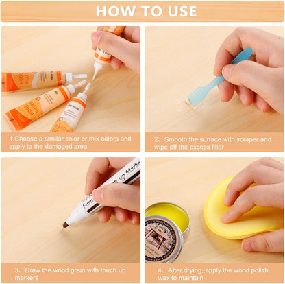 Wood Furniture Repair Kit - 6 Oak Color Wood Fillers with 6 Touch Up Markers and Wood Polish Wax for Wooden Stains, Scratch Repair, Cracks, Perfect for Laminate, Cabinet, Tables, Oak, Walnut