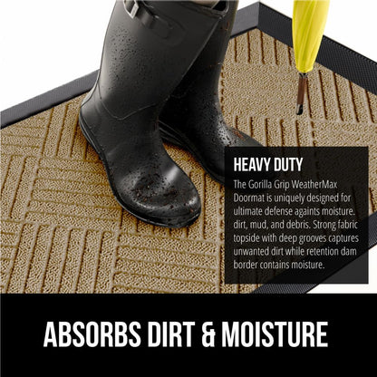 GORILLA GRIP 100% Waterproof All-Season WeatherMax Doormat US Designed Natural Rubber, Stain and Fade Resistant, Low Profile Indoor Outdoor Door Mats, Easy Clean Patio Mat, 17x29, Beige Diamond