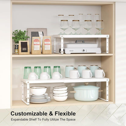 Expandable Cabinet Organizer Shelf With Adjustable Height, Stackable Kitchen Countertop Organizer Rack, Adjustable Shelf Riser For Kitchen Counter, Pantry, Cupboard, Desk, Tabletop