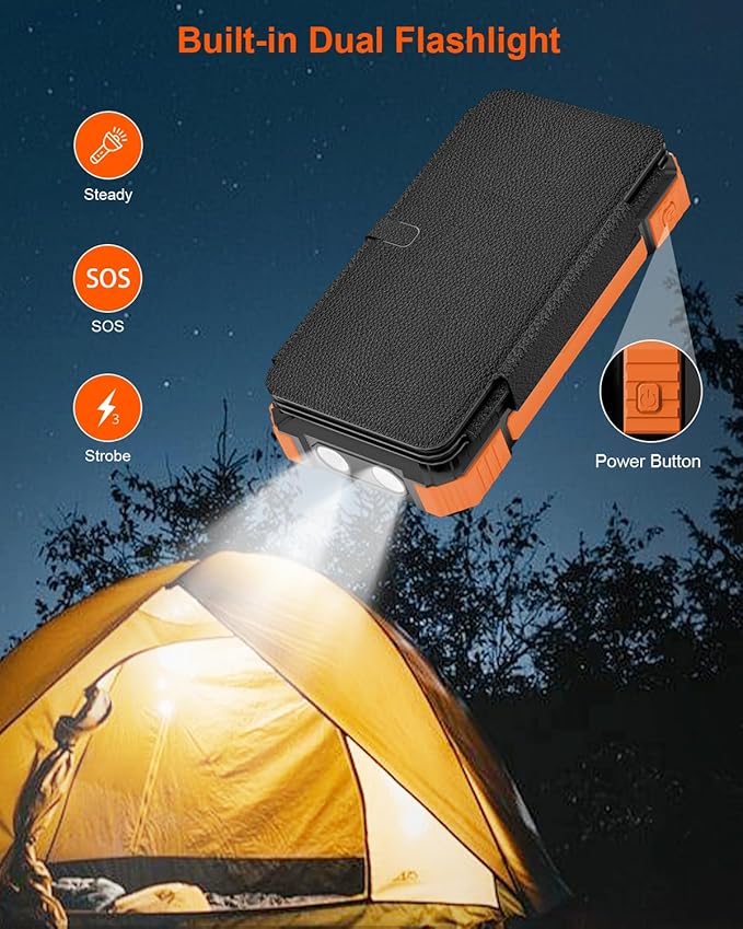 Solar Charger Power Bank 49800mAh with 4 Built-in Cables & 4 Foldable Panels, PD22.5W Fast Portable Phone Charger, External Battery Pack with USB-C in/Output & Flashlight for Outdoor Camping
