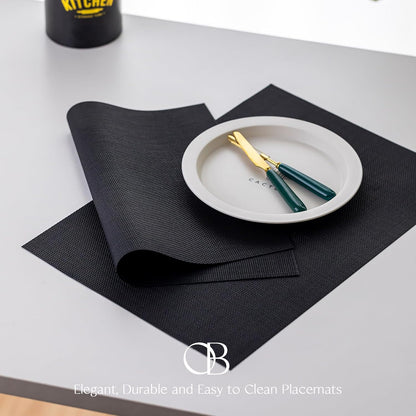 Placemats Set of 4 - Easy Clean Woven Vinyl Placemats for Dining Table, Indoor/Outdoor Place Mats, Washable PVC Table Mats（Black）