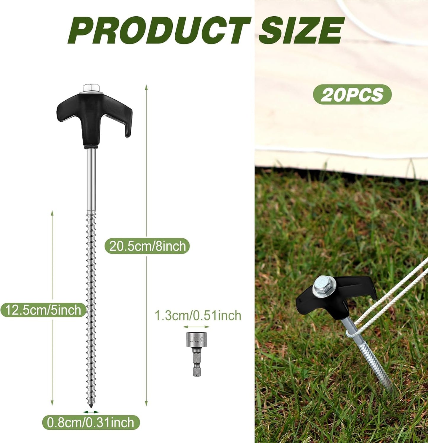 Hicarer 20 Pcs 20 Pcs 8'' Screw in Tent Stakes Heavy Duty Ground Metal Stakes for Inflatables with Hex Head Driver for Outdoor Camping Tent Inflatable Garden Decor (Black)