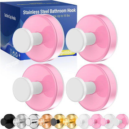 Suction Cup Hooks for Shower,Removable No Drill Towel Hooks,Upgraded 15 lbs Strong Suction hooks for Bathroom Tile,Shower Wall,Glass Door,Kitchen-Loofah,Coat,Stainless Waterproof-Pink White 4 Pcs