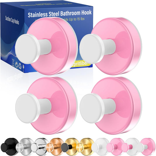 Suction Cup Hooks for Shower,Removable No Drill Towel Hooks,Upgraded 15 lbs Strong Suction hooks for Bathroom Tile,Shower Wall,Glass Door,Kitchen-Loofah,Coat,Stainless Waterproof-Pink White 4 Pcs
