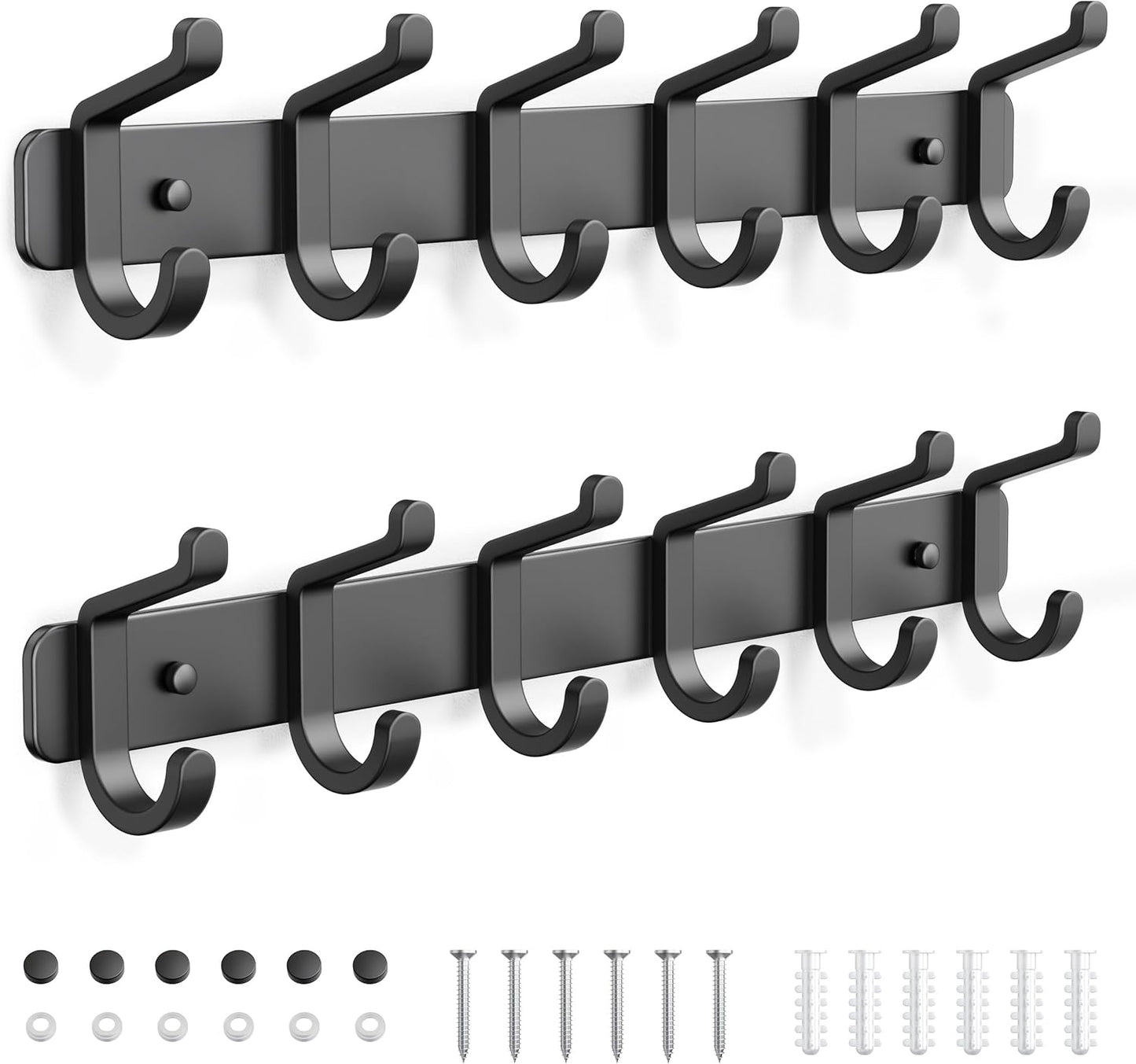 Coat Rack Wall Mounted Heavy-Duty: Metal Coat Hanger 6 Hooks for Hanging Hat, Clothes, Robe, Keys, Backpack, Bathroom Towels, Jacket, Purse - Closet, Door, Entryway, Mudroom (Black, 2 Pack)