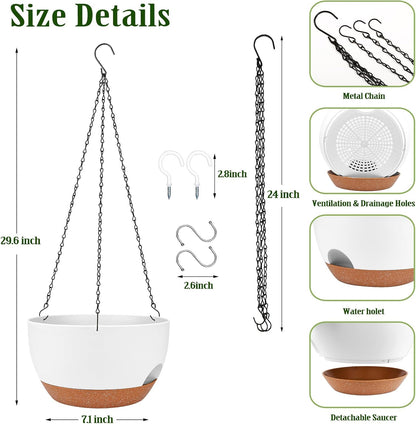 Hanging Planters for Outdoor Indoor Plants, 2 Pack 12 Inch Hanging Basket Plants Outdoor, Self Watering Hanging Planter with Plant Hanger for Garden Home Decoration (White)