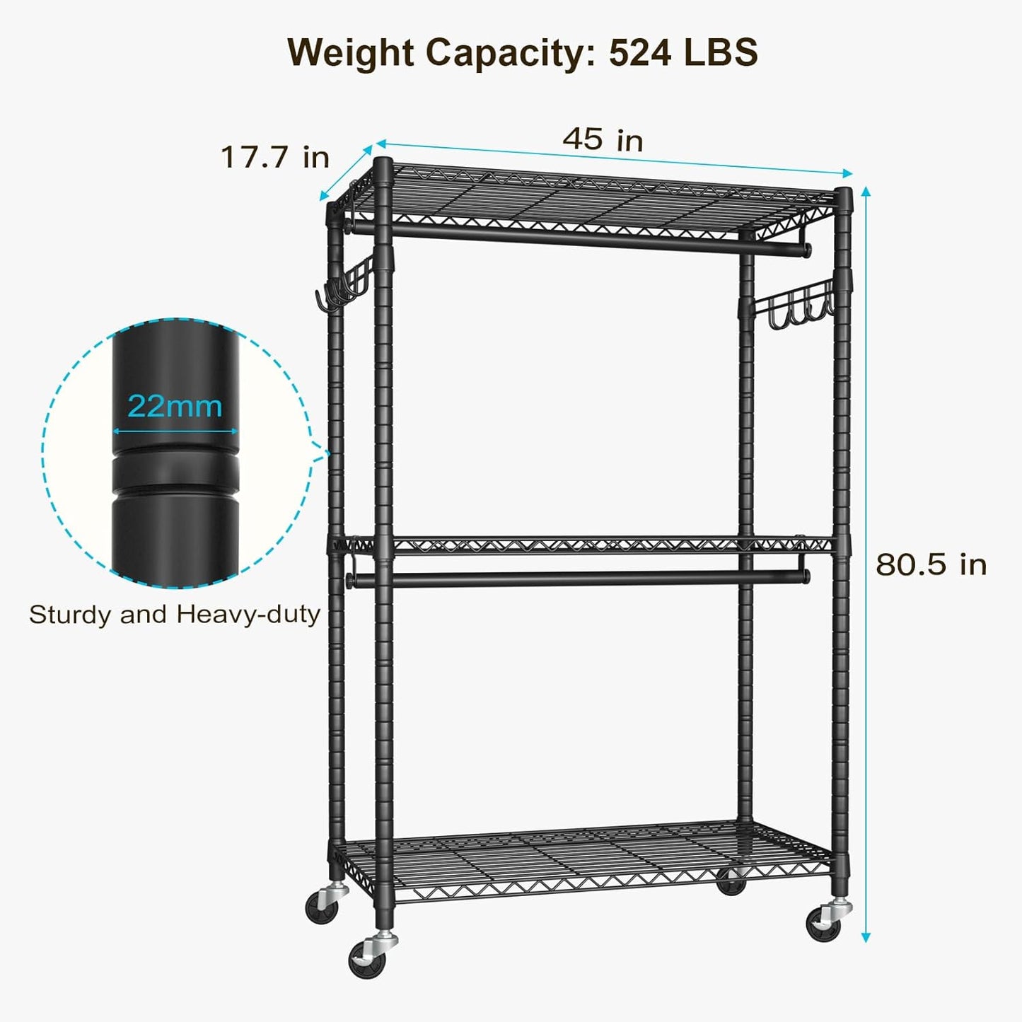 FUTASSI P1 Plus Rolling Clothes Rack, 22mm Diameter Heavy Duty Garment Rack with Wheels, Portable Closet Wardrobe with Double Rods, 45" W x 17.7" D x 80.5" H, Max Load 524 LBS, Black