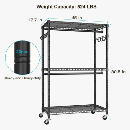 FUTASSI P1 Plus Rolling Clothes Rack, 22mm Diameter Heavy Duty Garment Rack with Wheels, Portable Closet Wardrobe with Double Rods, 45" W x 17.7" D x 80.5" H, Max Load 524 LBS, Black