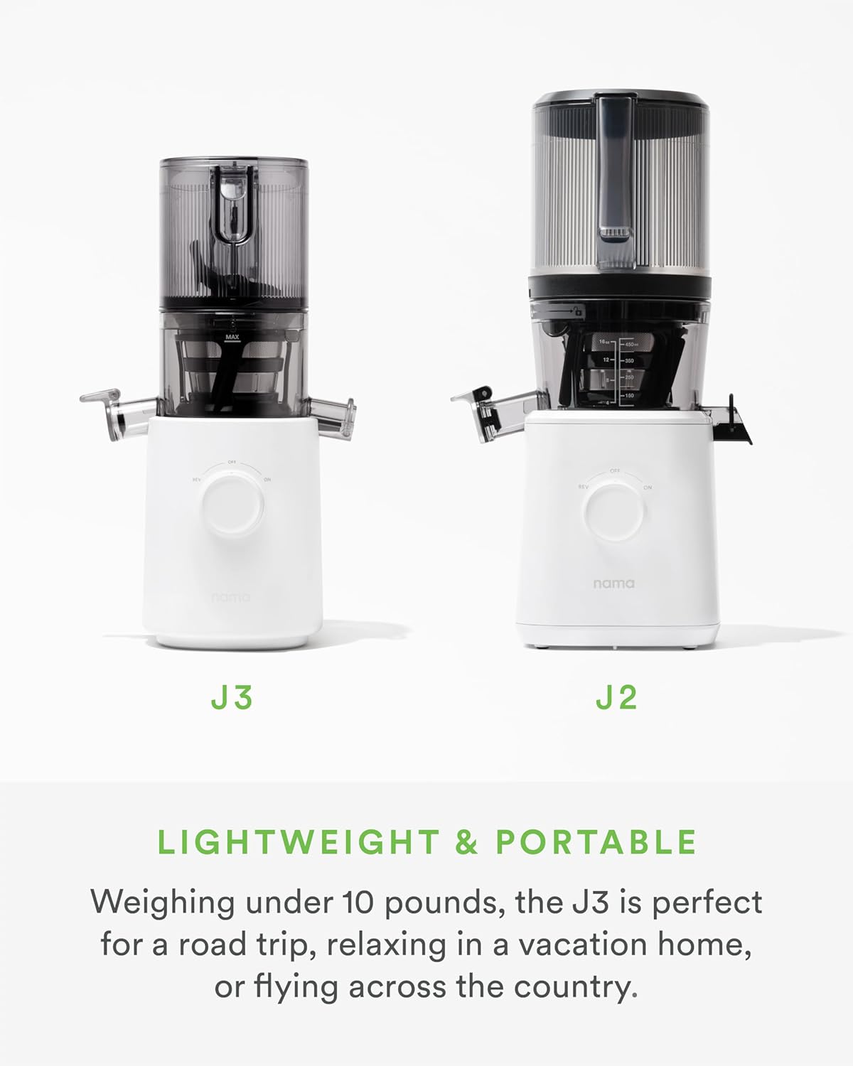 Nama J3 Compact Cold Press Juicer – Space Saving & Self Feeding for Hands-Free Operation – Lightweight, Portable Zero Waste Slow Masticating Juicer – Easy Cleanup & Assembly - White