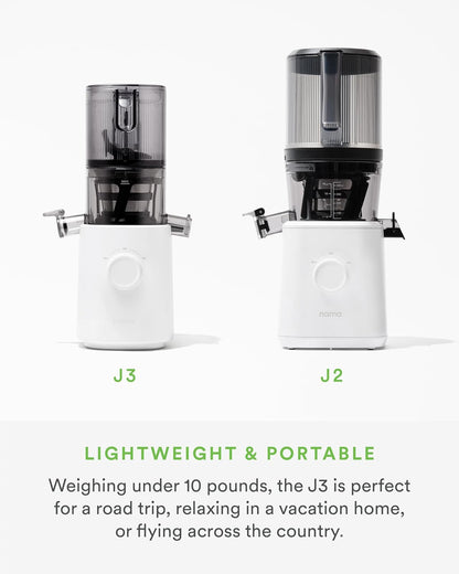 Nama J3 Compact Cold Press Juicer – Space Saving & Self Feeding for Hands-Free Operation – Lightweight, Portable Zero Waste Slow Masticating Juicer – Easy Cleanup & Assembly - White