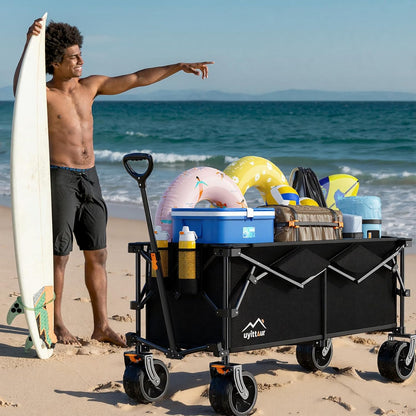 300L Extra Large Collapsible Foldable Wagon, 440lbs Load Capacity 48''L Extended Heavy Duty Folding Beach Wagon with Big All-Terrain Wheels, Utility Garden Cart for Outdoor Activities, Black
