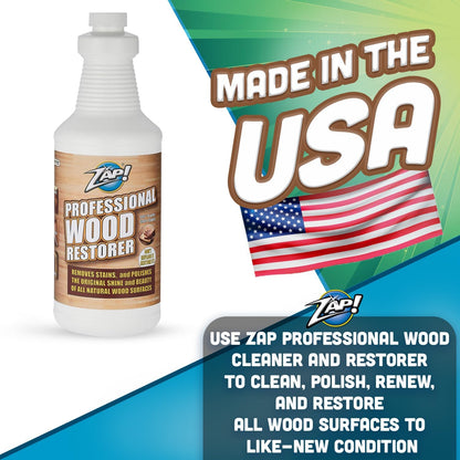 ZAP! Professional Wood Cleaner and Restorer | Clean, Polish, & Restore Wooden Furniture & Hardwood Floors | Kitchen Cabinet & Table | Deep Wood Cleaner for Heavy Duty Cleaning | 32 oz