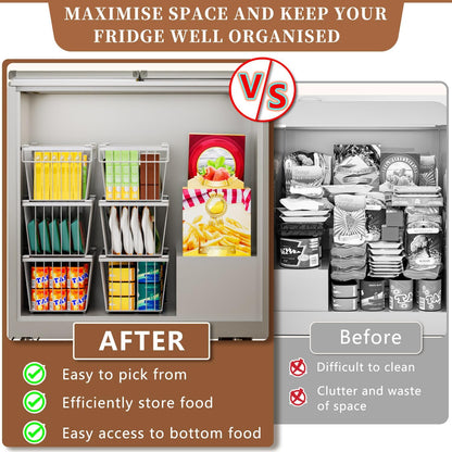 6 Pack Stackable Deep Freezer Organizer Bins ，Upgraded Bottom Leak-Proof net，Encryption and Hardening ， Freezer Organizer Bins for 5 to 9 Cu.FT Small Chest Freezer， Easy Get Bottom Foods