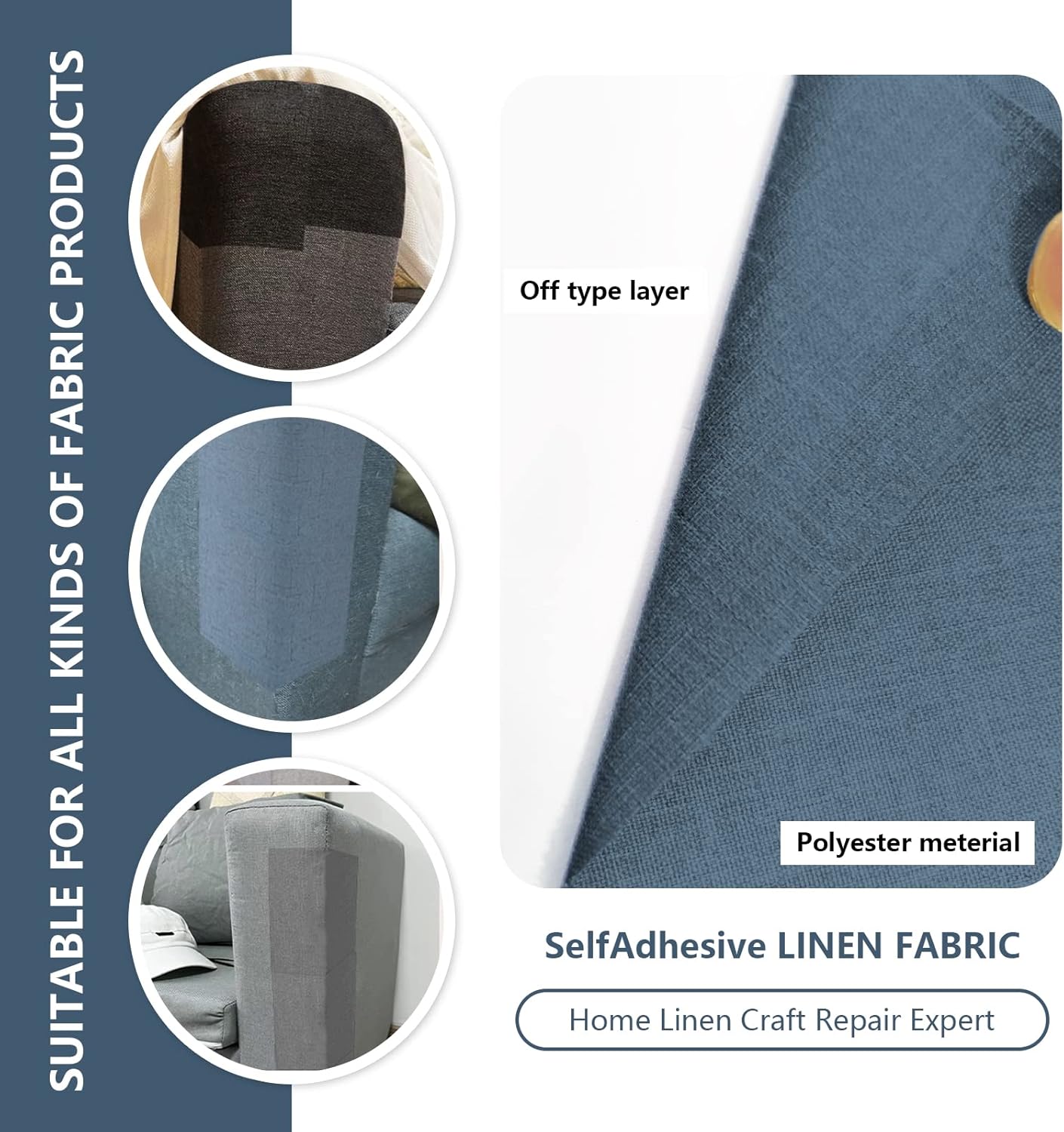 Fabric Repair Patches, Linen Repair Tape Self-Adhesive Fabric Patches Durable, DIY Large Linen Tape for Sofa, Couches, Furniture, Chair, Clothing （3.5X79 Inch, Blue Grey）