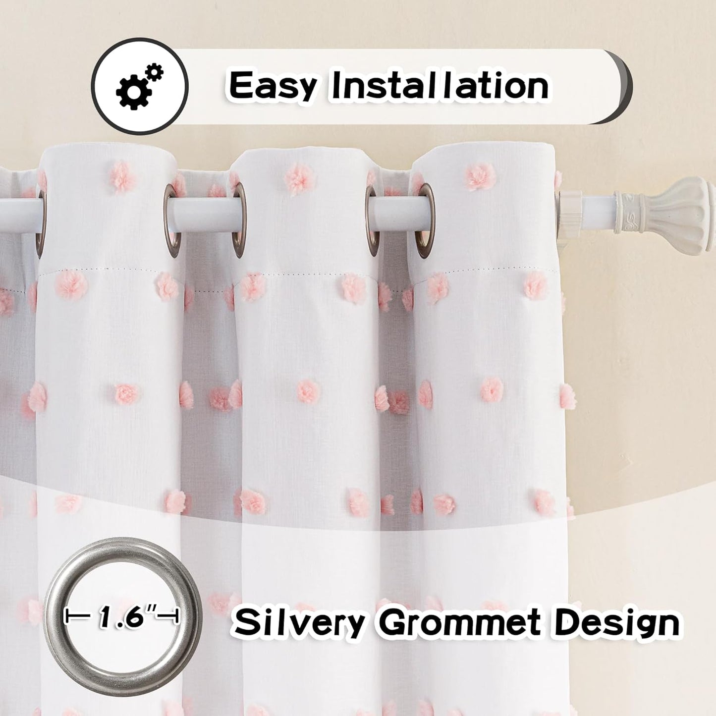 MYSKY HOME 100% Blackout Curtains for Living Room White Curtains 102 Inch Extra Long Total Light Block Girls Room Drapes Thermal Insulated Room Darkening Pink Pom Pom Sheer Grommet 2 Pieces 52 Wide