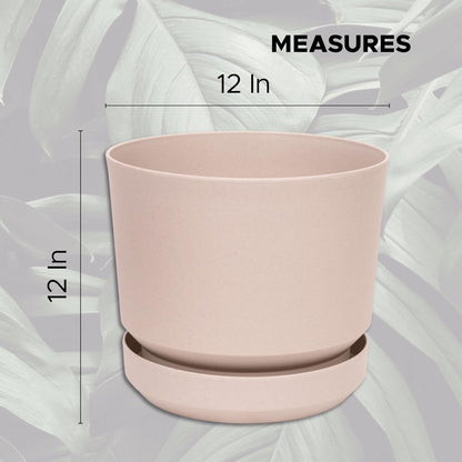 Elly Décor 12 inch Plastic Cylinder Planter Pot with Self-Watering Saucer and Drainage Hole,Lightweight & Extremely Durable, 12"x 12", Ivory