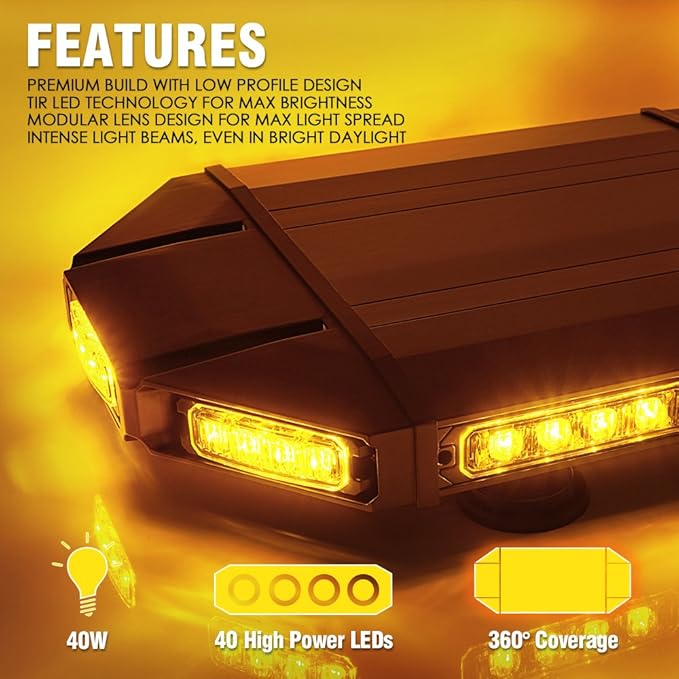 Xprite 18" Amber LED Emergency Rooftop Strobe Light Bar, Magnetic-Mounted Strobe Lights for Trucks, High-Intensity Warning Beacon for Tow, Construction, Snowplow, Patrol Vehicles