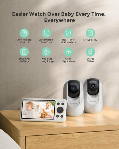 Momcozy BM04 Smart WiFi Baby Monitor with 2 Cameras, 5’’ 1080P Split Screen Video Baby Monitor with Camera and Audio, Clear Night Vision, 5000mAh Battery, 2-Way Audio