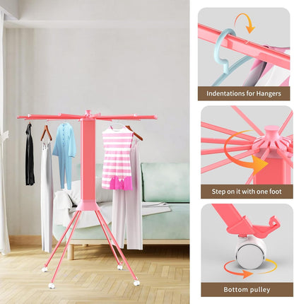 Clothes Drying Rack Foldable & Collapsible Drying Racks with 4-Leg Octopus Design, Large Capacity Space Saving Indoor Drying Rack for Bedroom,Balcony,Laundry for Indoor/Outdoor Use（Pink）