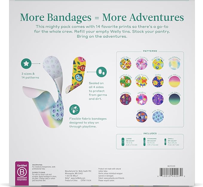Welly Bandage Refill Ready Pack | FSA Eligible | Adhesive Flexible Fabric Bandages | Bulk Assorted Shapes and Patterns for Minor Cuts, Scrapes, and Wounds - 200 Count