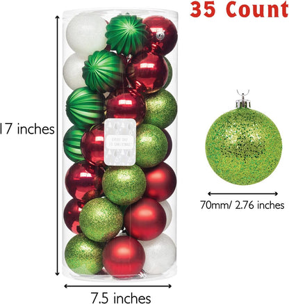 Every Day is Christmas Ornaments, Shatterproof Christmas Tree Ornament Set, Christmas Balls Decoration 35 Count (2.75"/70mm, Green Red White)