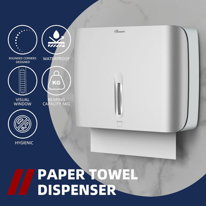 Paper Towel Dispenser Wall Mount Commercial & Home Use ABS Matte Silver Gray with Window Holds 200 C/Z/Multi-Fold Towels Includes Hardware & Key Bathroom Paper Towel Holder