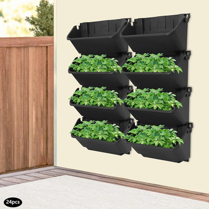24PCS Vertical Wall Planter, 13 inch Wall Mounted Garden Planters, Plastic Wall Hanging Planter with Drainage Holes, Wall Planters for Patio Outdoor Decor, Balcony Plant Hanging Flowerpot (Black)