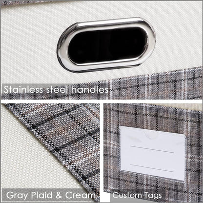 PRANDOM Large Collapsible Storage Bins with Lids [3-Pack] Fabric Foldable Storage Boxes Organizer Containers Baskets Cube with Cover for Home Bedroom Closet Office Gray plaid & Cream(17.7x11.8x11.8)