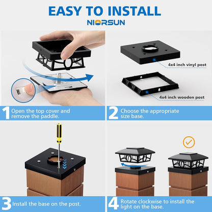 NIORSUN Solar Post Lights Outdoor, Fence Post Solar Lights Warm White Outdoor Waterproof Edison LED Bulbs Garden Patio Fence Deck Decor, Post Cap Lights 4x4 Wood Vinyl, Black 8 Pack