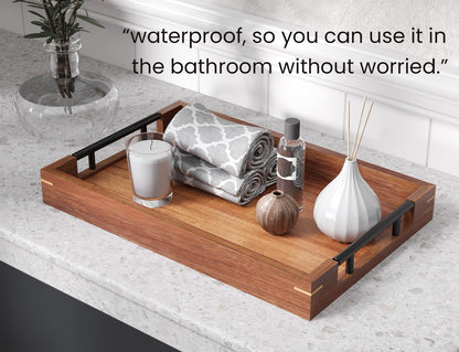 Acacia Wood Serving Tray with Metal Handles,15x10in Ottoman Decorative Trays Platter for Coffee Table,Living Room,Bar,Party(Medium)