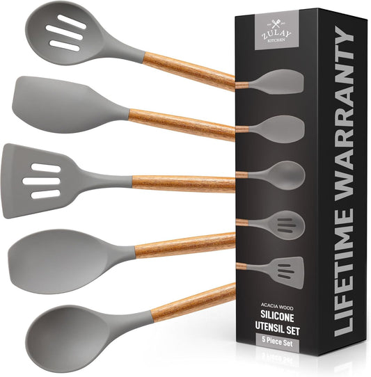 Zulay Kitchen Utensils Set Non-Stick Silicone Cooking Utensils Set with Authentic Acacia Wood Handles - 5 Piece Silicone Utensil Set - Kitchen Utensils Set with 464°F Heat Resistance - Gray