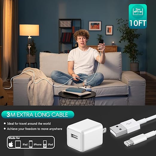iPhone Charger,Extra Long 2 Pack 10FT Lightning Cable Cube i Phone 12 Charger Charging Transfer Cord Cable with USB Plug Wall Charge Block Travel Adapter for iPhone 14/13/12/11/SE2022/8/7/XS/XR/X/iPad