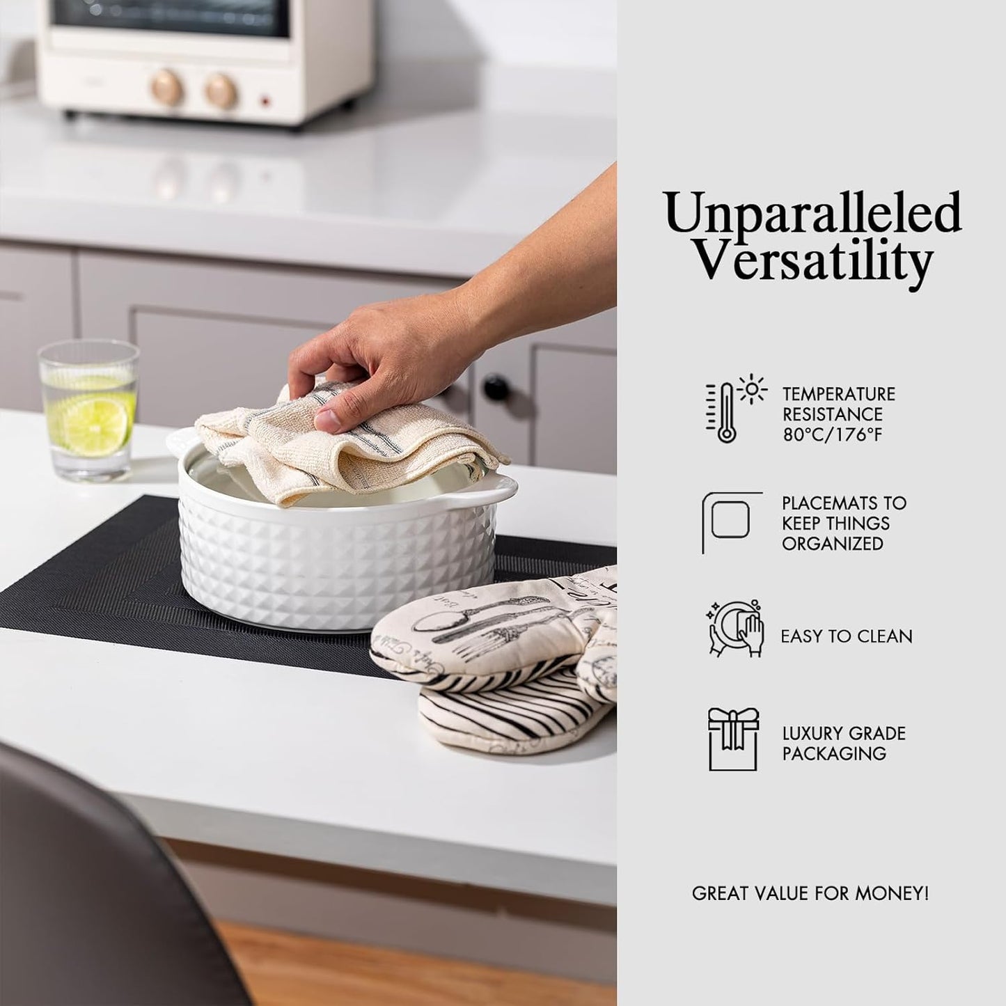 Placemats Set of 6 - Easy Clean Woven Vinyl Placemats for Dining Table, Indoor/Outdoor Place Mats, Washable PVC Table Mats（Black Cube）