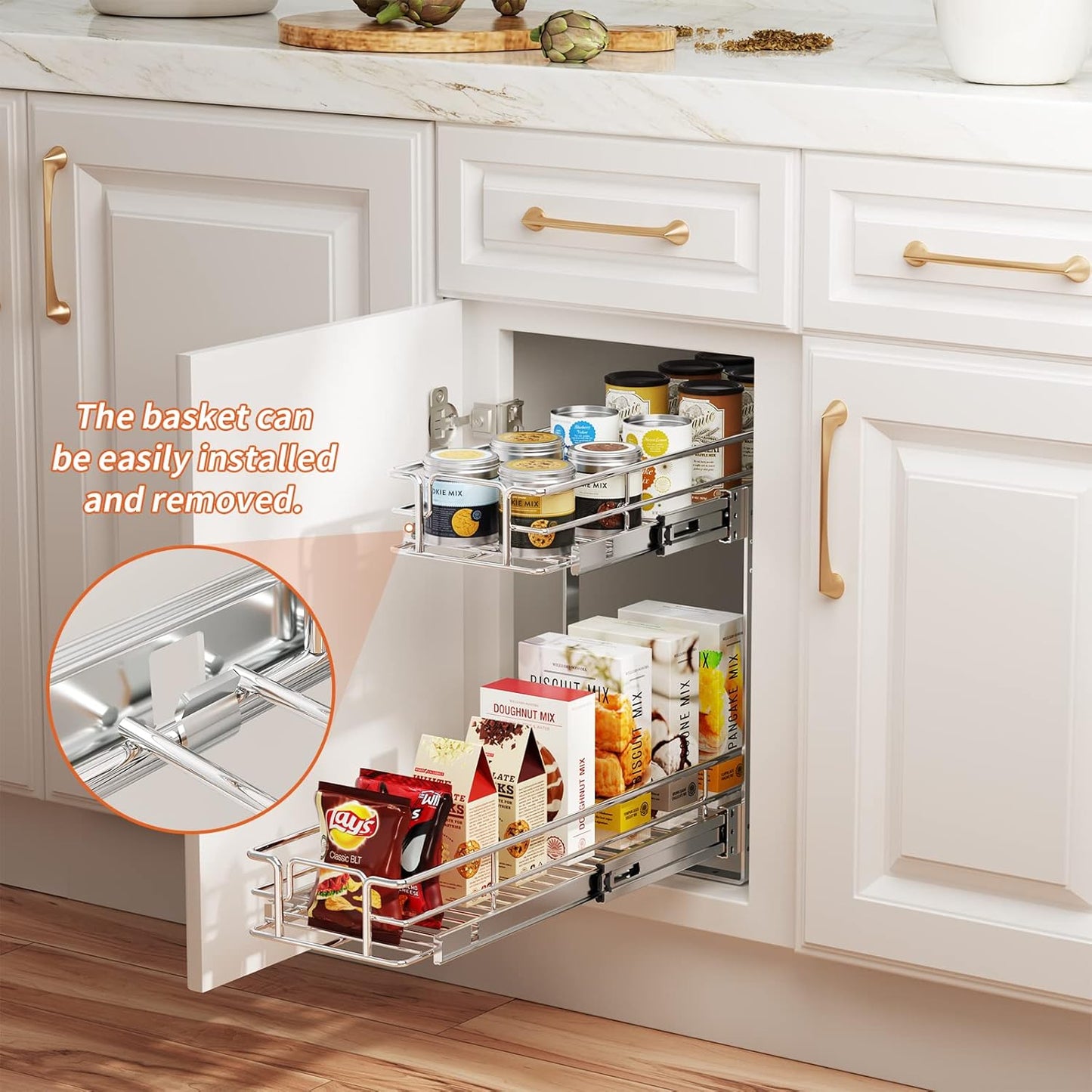 ROOMTEC Individual Pull Out Cabinet Organizer (5½"W x 21½"D), 2 Tier Spice Rack Organizer for Cabinet, Slide Out Drawer Pantry Shelf Organization and Storage for Kitchen Bathroom