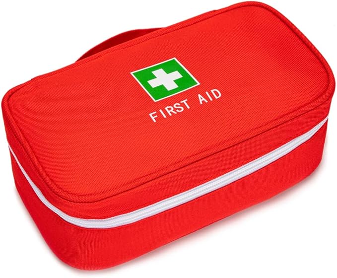Red First Aid Bag Empty Travel Rescue Pouch First Responder Storage Medicine Emergency Bag for Car Home Office Kitchen Sport Outdoors (Red with Handle Green Print)