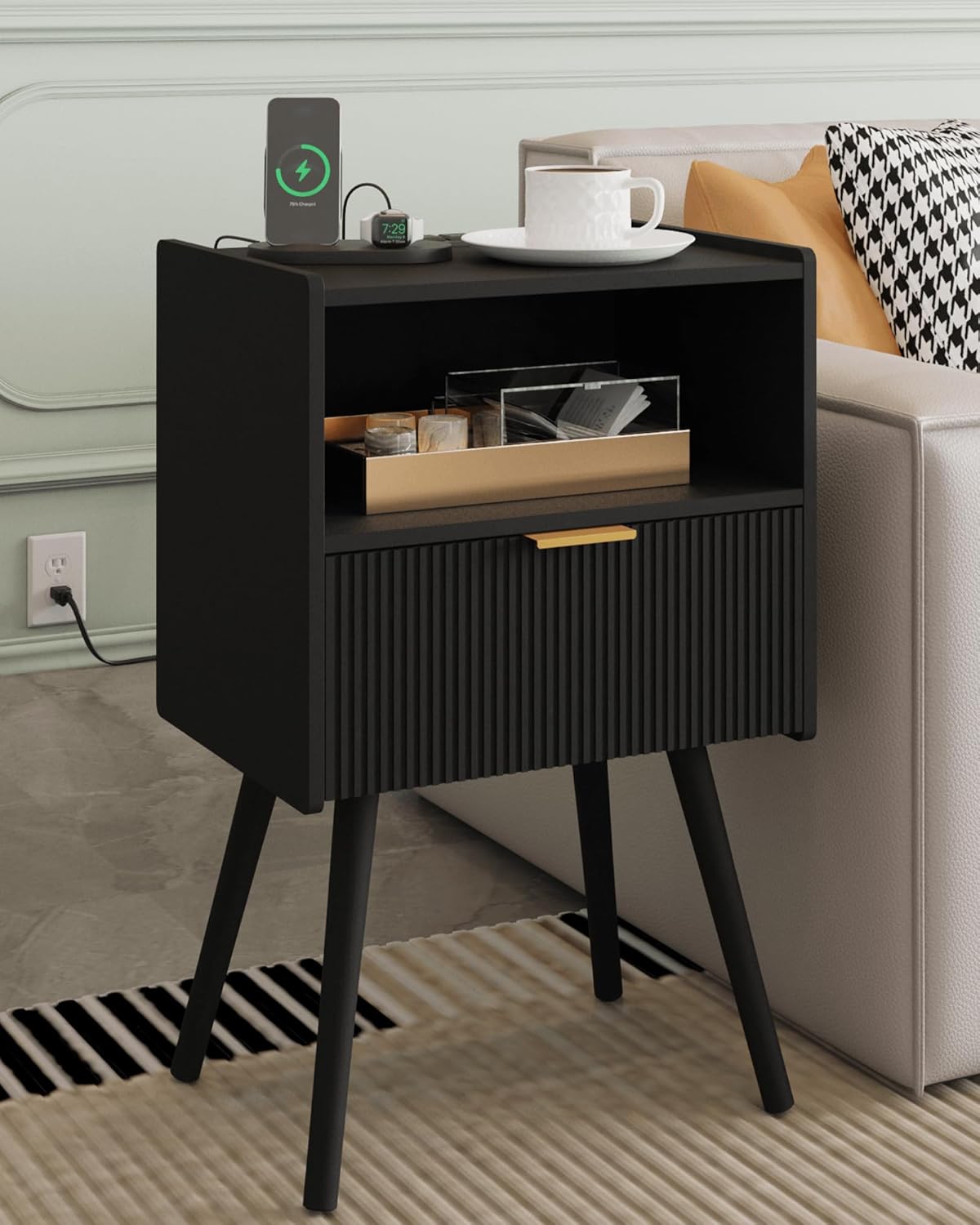Nightstand,Modern Bedside Table with Storage Drawer and Open Wood Shelf, Accent Night Stand with Solid Wood Legs for Living Room, Bedroom and Small Spaces,Easy Assembly (Black-Outlet)