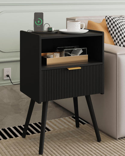 Nightstand,Modern Bedside Table with Storage Drawer and Open Wood Shelf, Accent Night Stand with Solid Wood Legs for Living Room, Bedroom and Small Spaces,Easy Assembly (Black-Outlet)