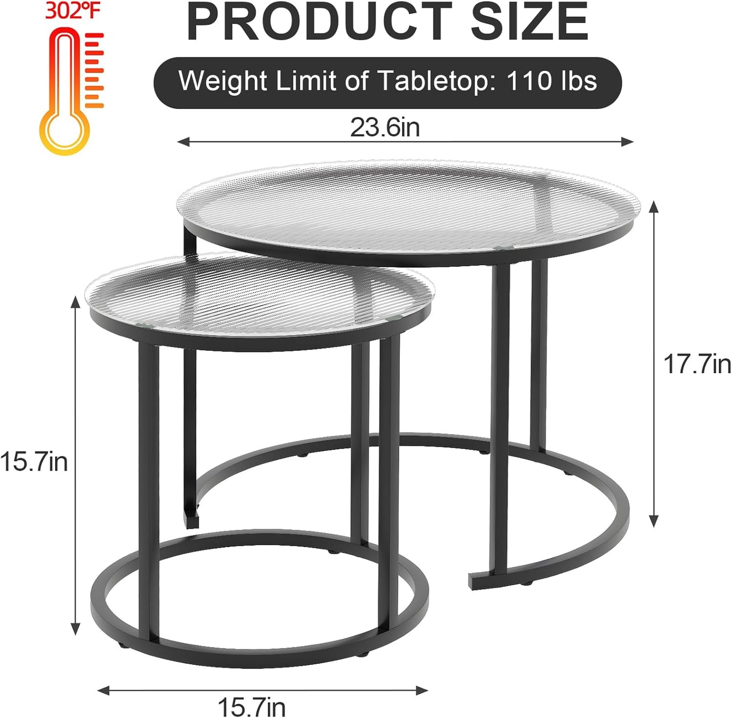 aboxoo Gold Nesting Coffee Table Set of 2, Small Glass Round Nesting Tables for Living Room Bedroom, Accent Tea Table with Black Metal Frame Modern Industrial Simple