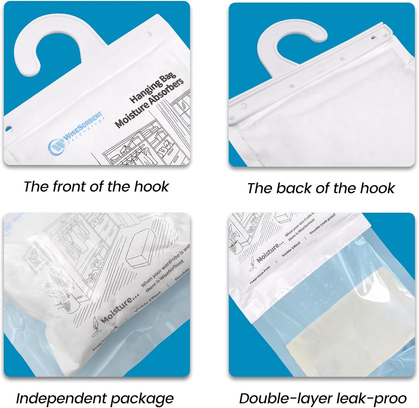 500 Gram Moisture Absorber Hanging Bags 3 Pack - 17.6 oz Fragrance-Free Large Dehumidifier for Closet, Bathroom, Bedroom – Double Leak-Proof Design & Dual-Sided Absorption