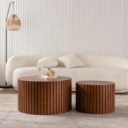 Round Nesting Coffee Table Brown Round Fluted Coffee Table Set of 2 for Living Room Small Circle Drum Nested Coffee Tables (Brown 27in)